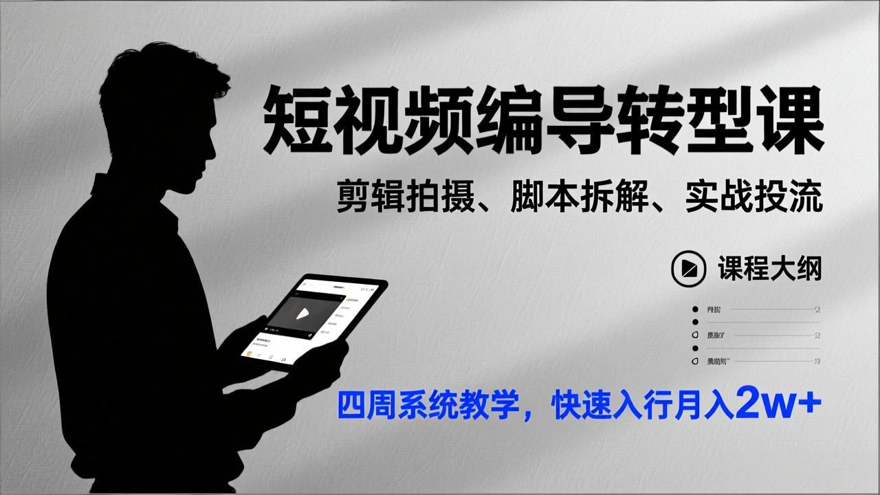 短视频编导转型课，剪辑拍摄、脚本拆解、实战投流，四周系统教学，快速入行月入2w+-泡泡网赚