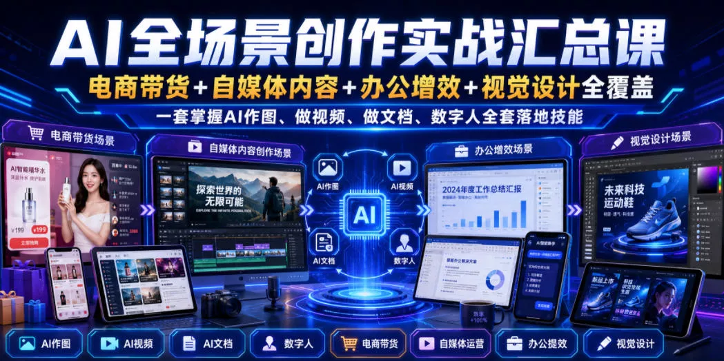AI全场景创作实战汇总课｜电商带货+自媒体内容+办公增效+视觉设计全覆盖，一套掌握AI作图、做视频、做文档、数字人全套落地技能-泡泡网赚