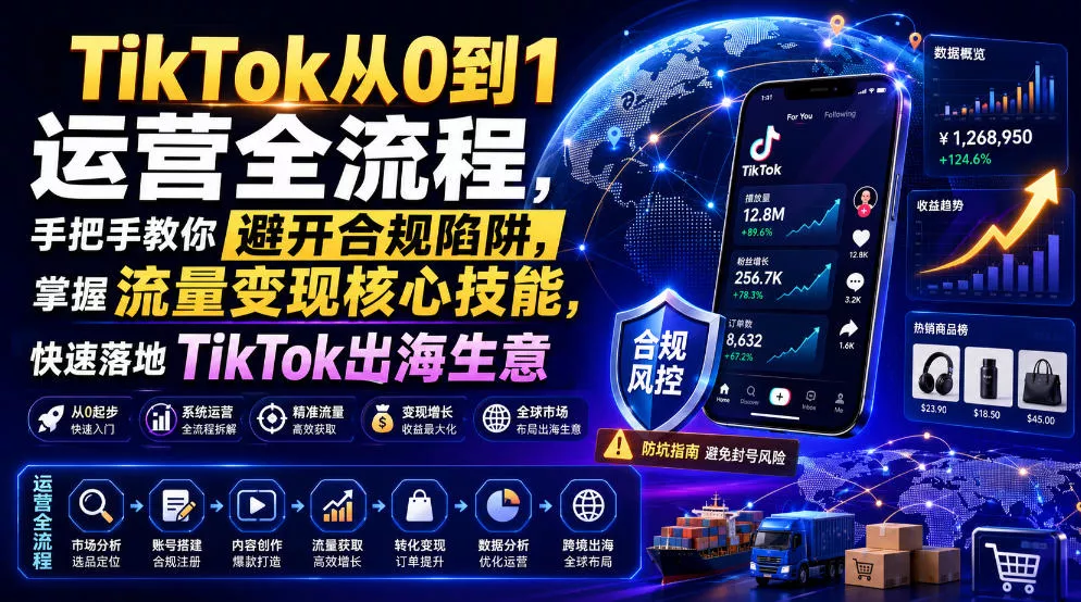 TikTok从0到1运营全流程，手把手教你避开合规陷阱，掌握流量变现核心技能，快速落地TikTok出海生意(更新8月)-泡泡网赚