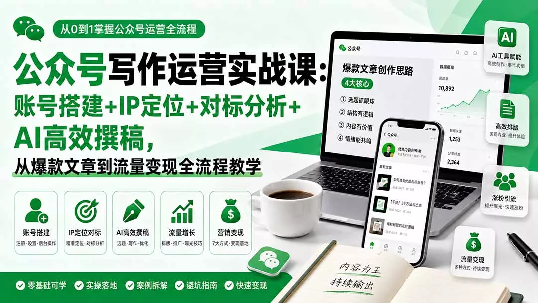 公众号写作运营实战课：账号搭建+IP定位+对标分析+AI高效撰稿，从爆款文章到流量变现全流程教学-泡泡网赚
