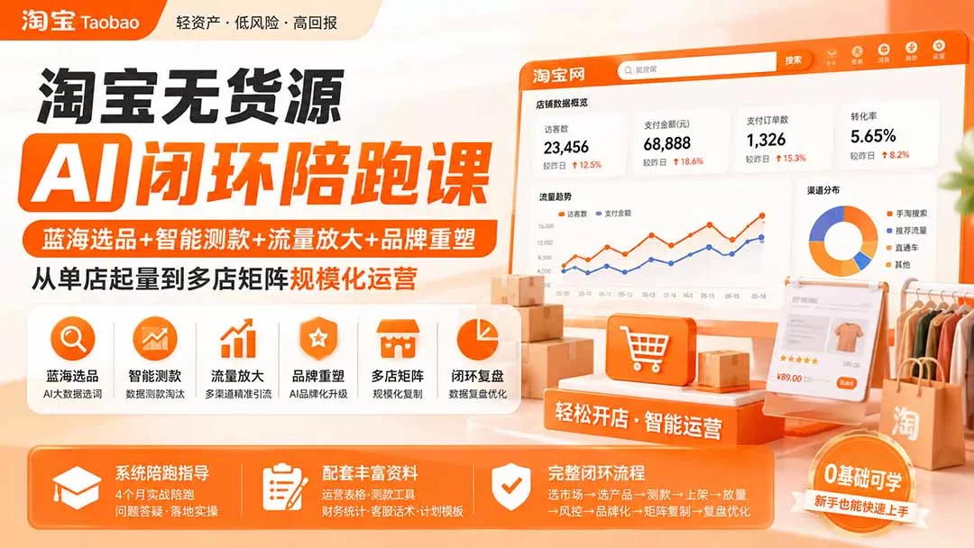 淘宝无货源AI闭环陪跑课：蓝海选品+智能测款+流量放大+品牌重塑，从单店起量到多店矩阵规模化运营-泡泡网赚