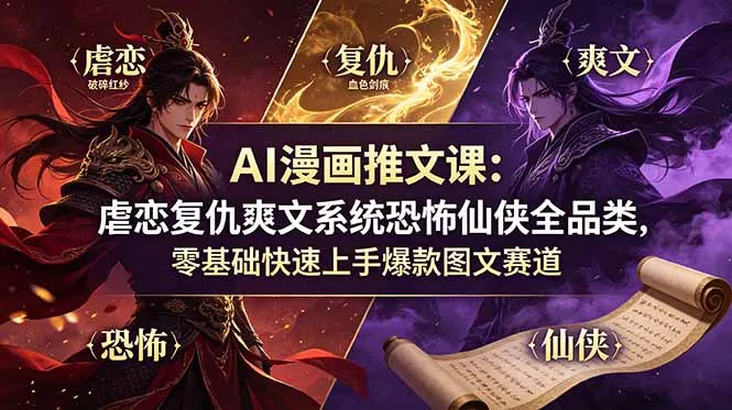 AI漫画推文课：虐恋复仇爽文系统恐怖仙侠全品类，零基础快速上手爆款图文赛道-泡泡网赚