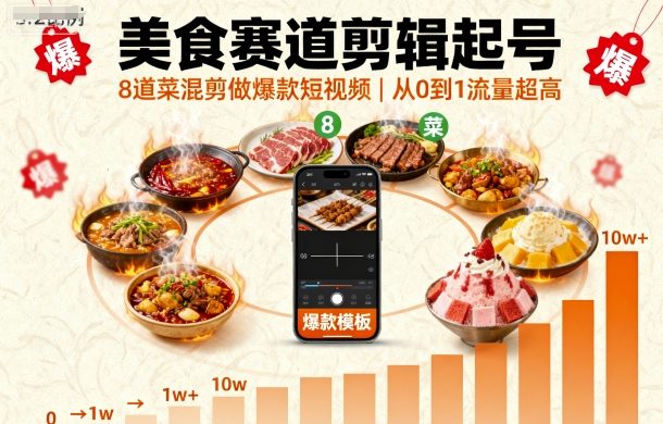 美食赛道剪辑起号，8道菜混剪做爆款短视频，从0到1，流量超高-泡泡网赚