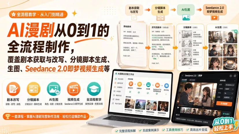 AI漫剧从0到1的全流程制作，覆盖剧本获取与改写、分镜脚本生成、角色场景生图与三视图、Seedance 2.0即梦视频生成(PDF版)-泡泡网赚