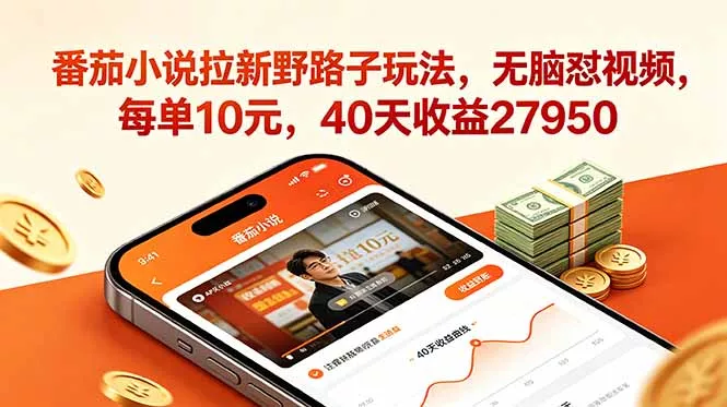 番茄小说拉新野路子玩法，无脑怼视频，每单10元，40天收益27950-泡泡网赚