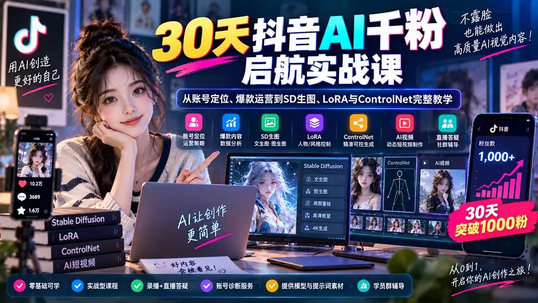 30天抖音AI千粉启航实战课：从账号定位、爆款运营到SD生图、LoRA与ControlNet完整教学-泡泡网赚