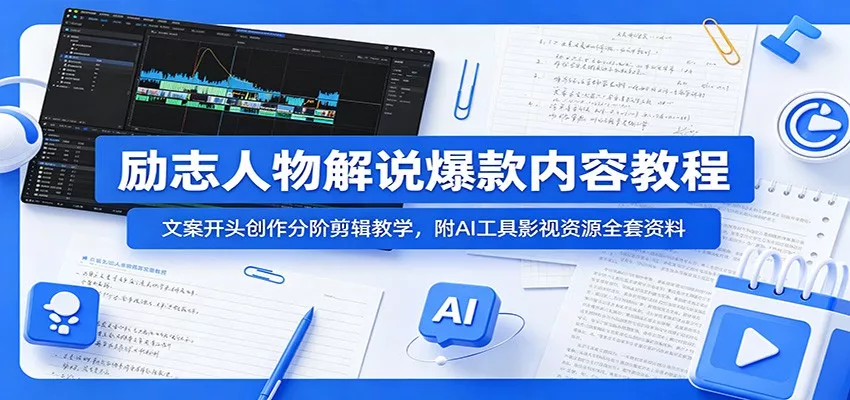 励志人物解说爆款内容教程：文案开头创作分阶剪辑教学，附AI 工具影视资源全套资料-泡泡网赚