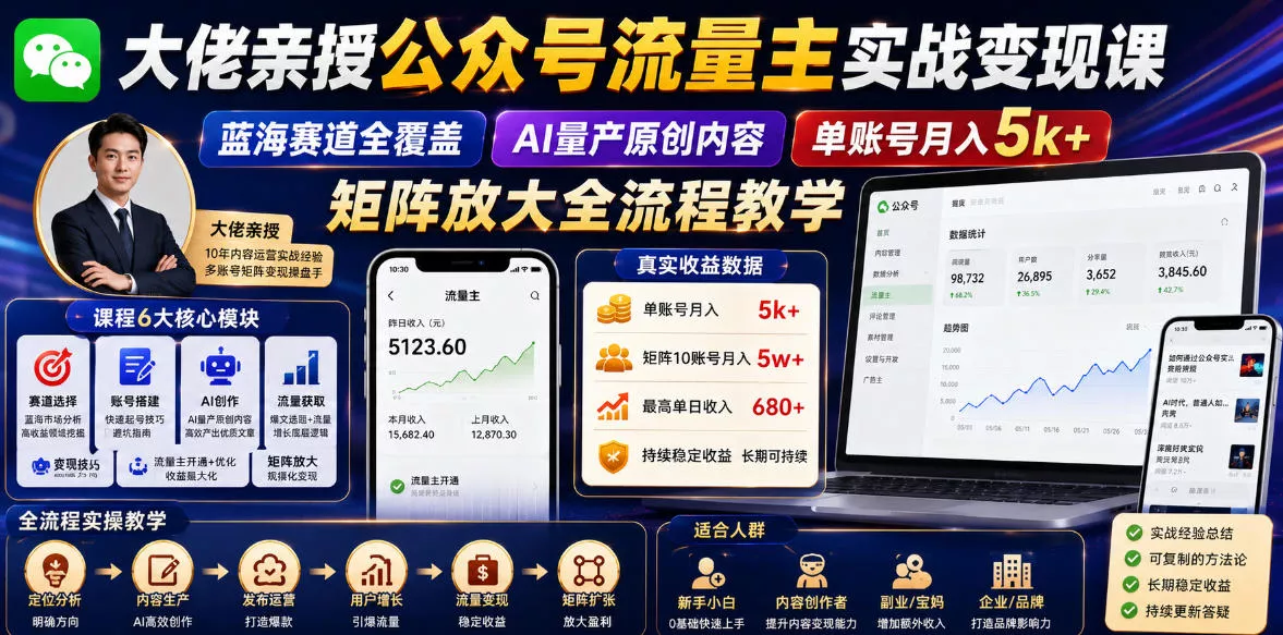 大佬亲授公众号流量主实战变现课，蓝海赛道全覆盖，AI量产原创内容，单账号月入5k+矩阵放大全流程教学-泡泡网赚