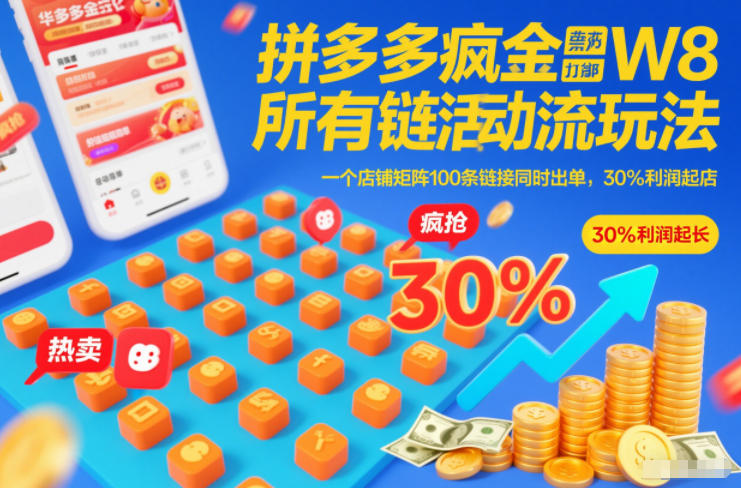 拼多多疯狂活动流玩法，所有链接全部打标，一个店铺矩阵100条链接同时出单，30%利润起店-泡泡网赚