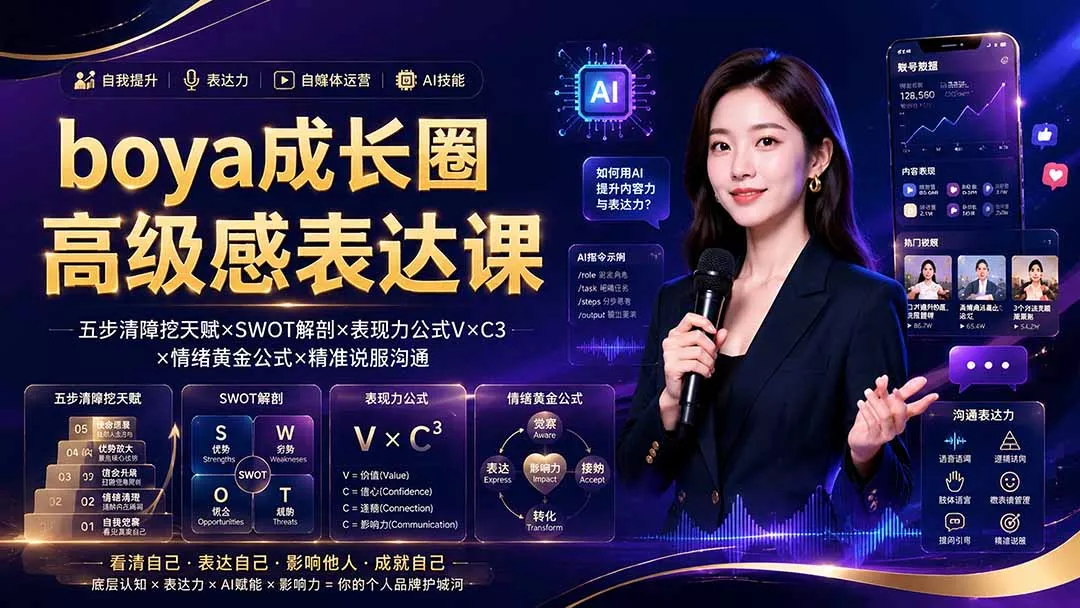 boya成长圈｜内心成长高级表达AI自媒体三合一，消解内耗挖掘天赋，镜头沟通AI指令短视频全流程教学-泡泡网赚