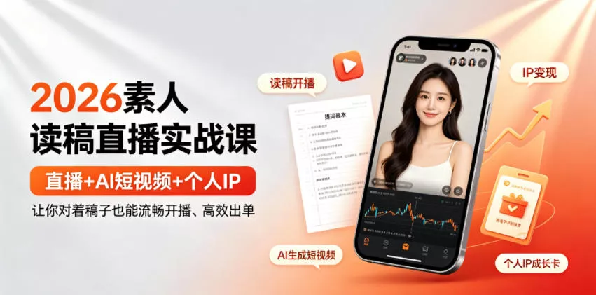 2026素人读稿直播实战课｜直播+AI短视频+个人IP，让你对着稿子也能流畅开播、高效出单-泡泡网赚