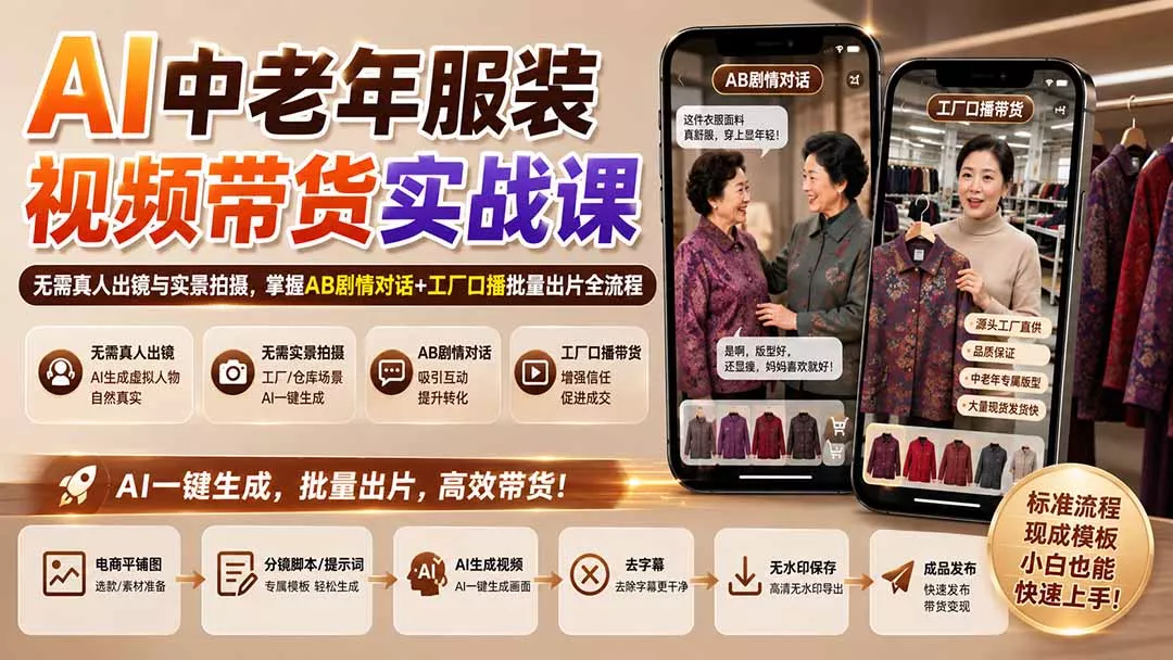 AI中老年服装视频带货实战课：无需真人出镜与实景拍摄，掌握AB剧情对话+工厂口播批量出片全流程-泡泡网赚