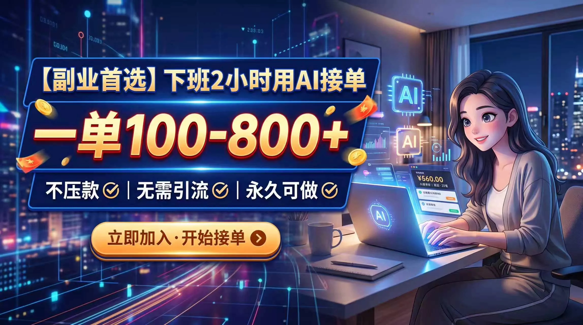 下班2小时用AI接单，一单100-800+，不压款，无需引流，永久可做-泡泡网赚