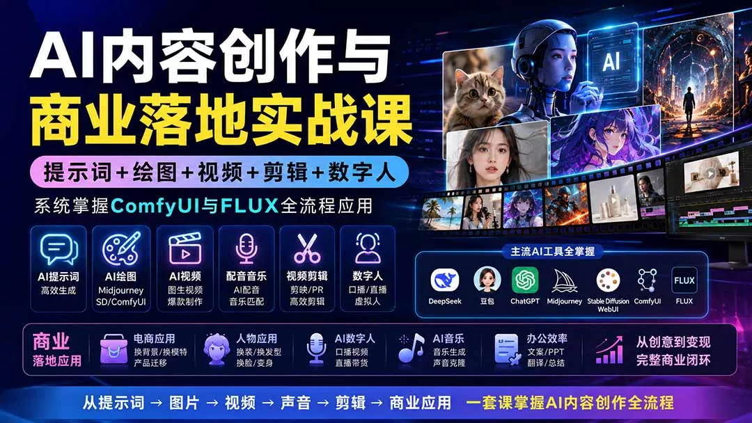 AI内容创作与商业落地实战课:提示词+绘图+视频+剪辑+数字人,系统掌握ComfyUI与FLUX全流程应用 AI内容创作与商业落地实战课:提示词+绘图+视频+剪辑+数字人,系统掌握ComfyUI与FLUX全流程应用