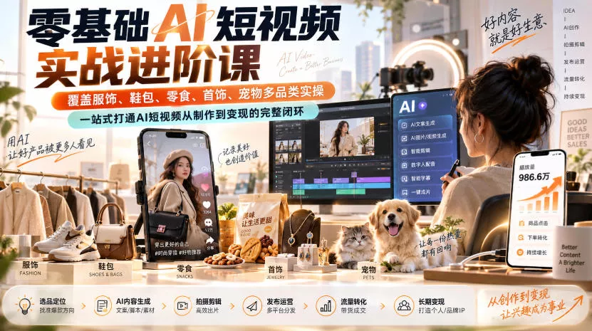 零基础AI短视频实战进阶课，覆盖服饰、鞋包、零食、首饰、宠物多品类实操，一站式打通AI短视频从制作到变现的完整闭环-泡泡网赚