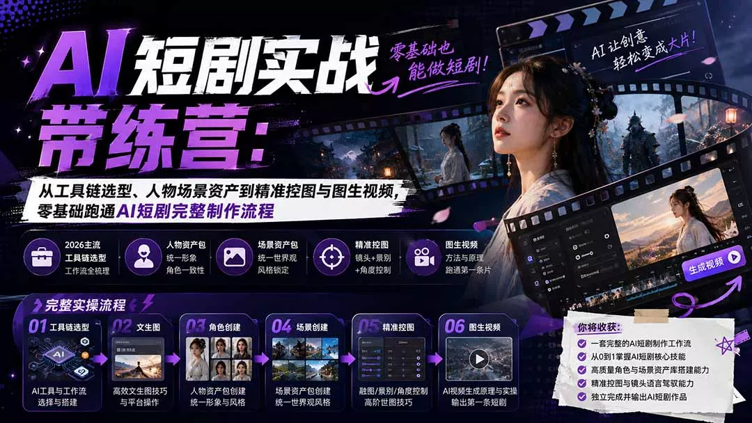 AI短剧实战训练营：从工具链选型、人物场景资产到精准控图与图生视频，零基础跑通AI短剧完整制作流程-泡泡网赚
