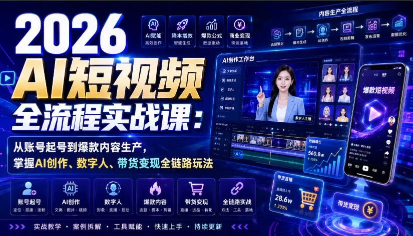 2026 AI短视频全流程实战课：从账号起号到爆款内容生产，掌握AI创作、数字人、带货变现全链路玩法-泡泡网赚
