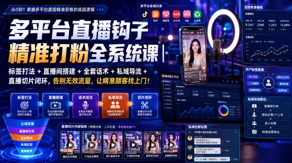 多平台直播钩子精准打粉全系统课｜标签打法+直播间搭建+全套话术+私域导流+直播切片闭环，告别无效流量，让精准顾客找上门！-泡泡网赚