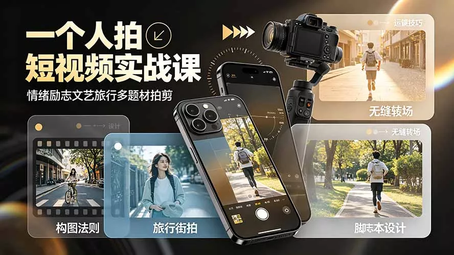 一个人拍短视频实战课：情绪励志文艺旅行多题材×五大景别×黄金构图×八大运镜，从拍摄到成片高效创作-泡泡网赚