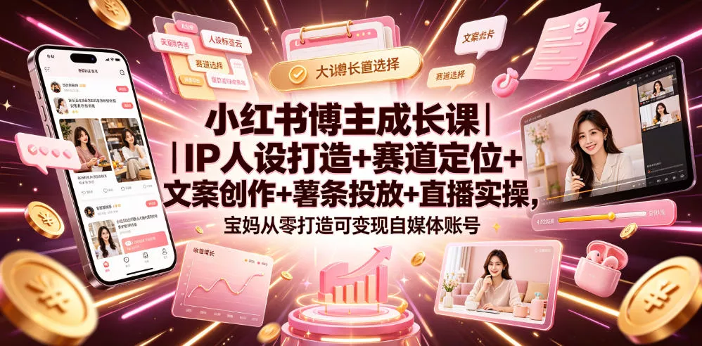 小红书博主成长课｜IP人设打造+赛道定位+文案创作+薯条投放+直播实操，宝妈从零打造可变现自媒体账号-泡泡网赚