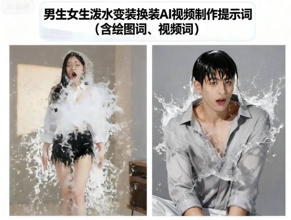 男生女生泼水变装换装AI视频制作提示词(含绘图词、视频词)-泡泡网赚