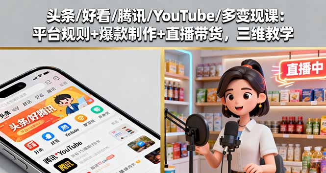 头条/好看/腾讯/YouTube/多变现课：平台规则+爆款制作+直播带货，三维教学-泡泡网赚