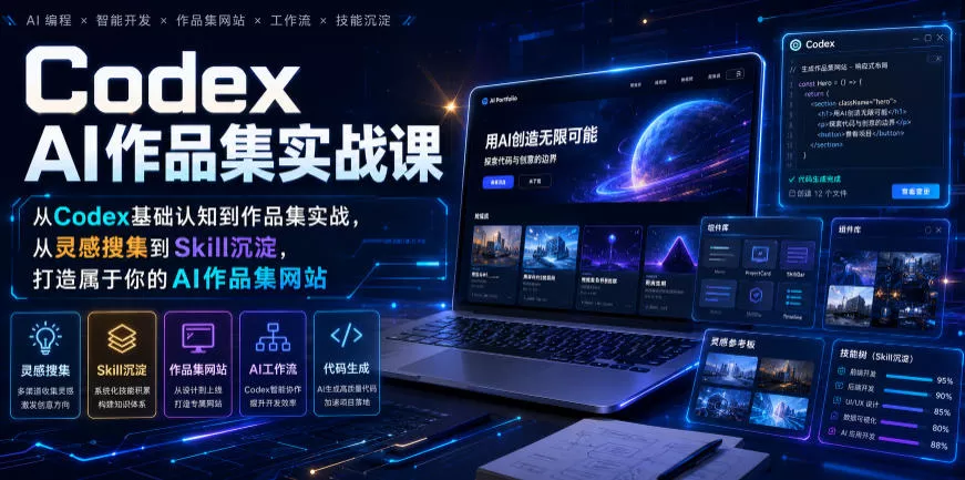 Codex AI作品集实战课，从Codex基础认知到作品集实战，从灵感搜集到Skill沉淀，打造属于你的AI作品集网站-泡泡网赚