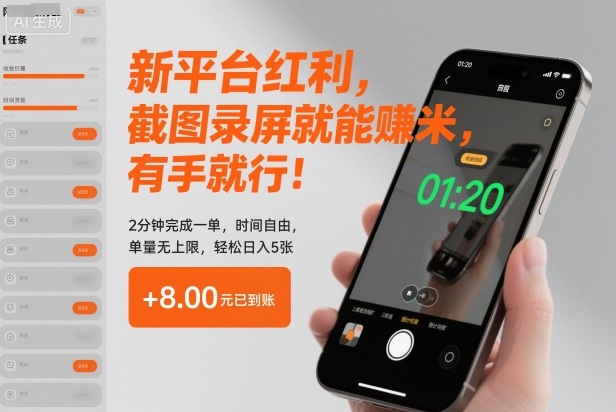 新平台红利，截图录屏就能賺米，有手就行！2分钟完成一单，时间自由，单量无上限，轻松日入5张【揭秘】-泡泡网赚