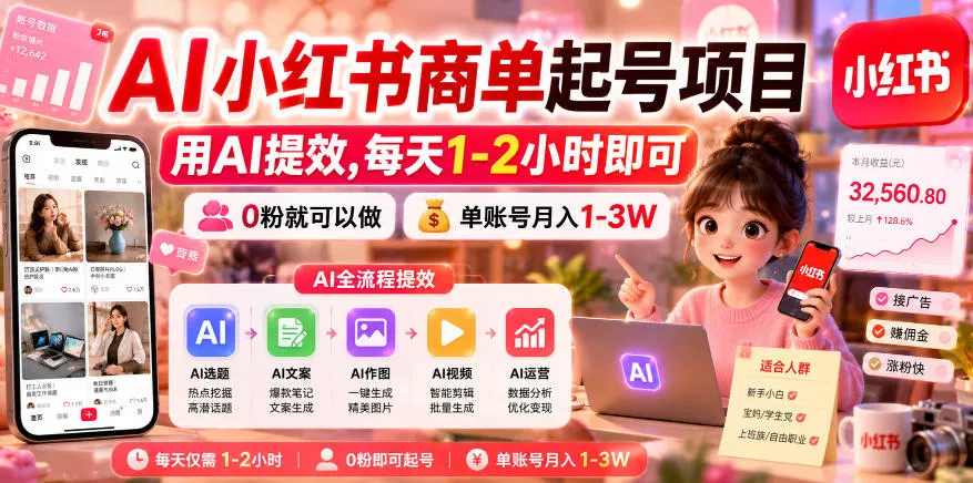AI小红书商单起号项目，用AI提效,每天1-2小时即可，0粉就可以做，单账号月入1-3W-泡泡网赚
