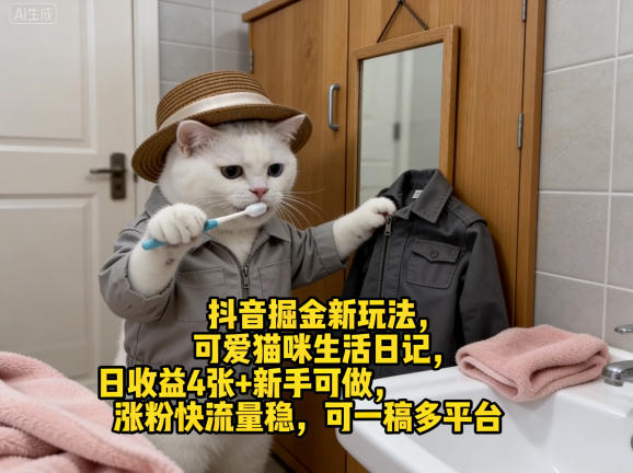 抖音掘金新玩法，可爱猫咪生活日记，日收益4张+新手可做，涨粉快流量稳，可一稿多平台-泡泡网赚