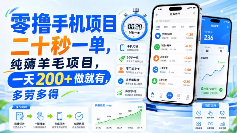 零撸手机项目，二十秒一单，纯薅羊毛项目，一天200+做就有，多劳多得【揭秘】-泡泡网赚