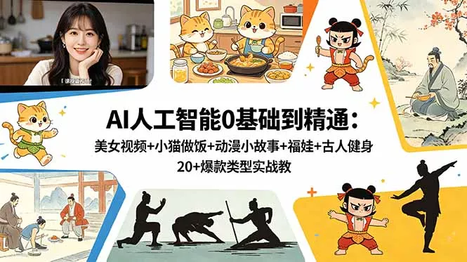 AI人工智能0基础到精通：美女视频+小猫做饭+动漫小故事+福娃+古人健身，20+爆款类型实战教学-泡泡网赚