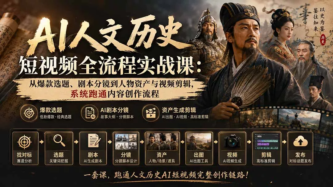AI人文历史短视频全流程实战课：从爆款选题、剧本分镜到人物资产与视频剪辑，系统跑通内容创作流程-泡泡网赚