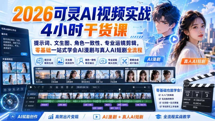 2026可灵AI视频实战4小时干货课｜提示词、文生图、角色一致性、专业运镜剪辑，零基础一站式学会AI漫剧与真人AI短剧全流程-泡泡网赚