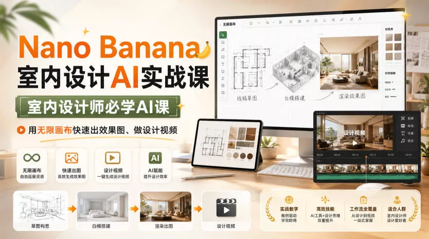 Nano Banana室内设计AI实战课，室内设计师必学AI课，用无限画布快速出效果图、做设计视频-泡泡网赚