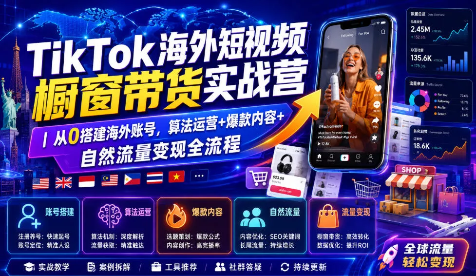 TikTok海外短视频橱窗带货实战营｜从0搭建海外账号，算法运营+爆款内容+自然流量变现全流程-泡泡网赚