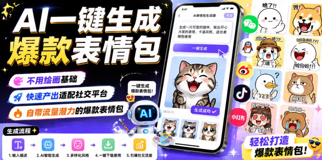 AI一键生成爆款表情包，不用绘画基础，快速产出适配社交平台，自带流量潜力的爆款表情包-泡泡网赚