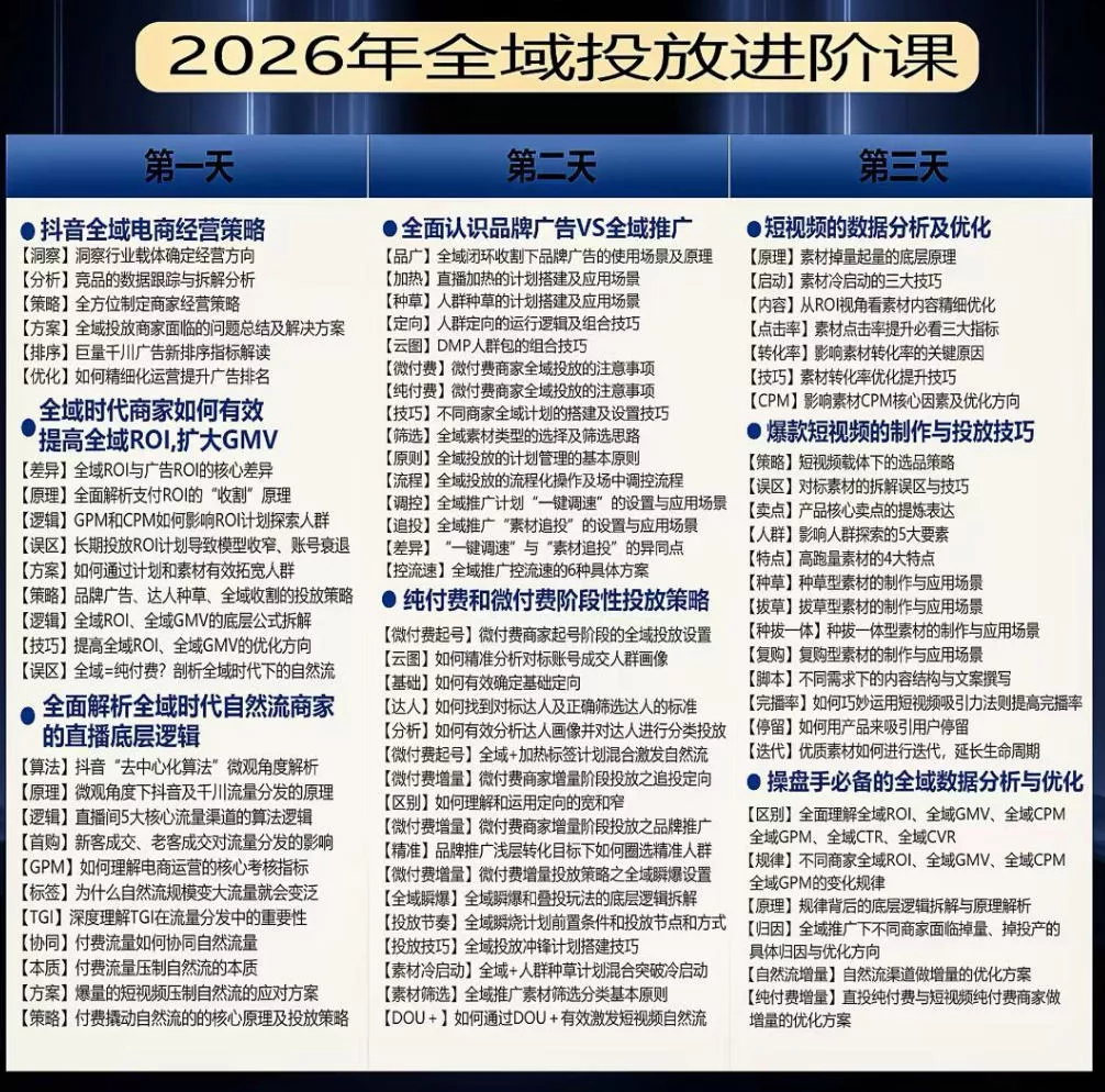 千川扫地僧2026抖音全域投放进阶课，少走弯路·快速起量·掌控增长，6月12-14号杭州线下课-泡泡网赚