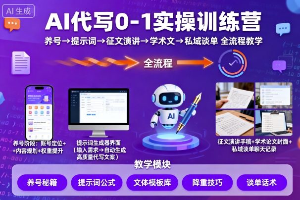 AI代写0-1实操训练营，从养号、提示词、征文演讲、学术文，到私域谈单的全流程教学-泡泡网赚