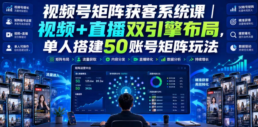 视频号矩阵获客系统课｜视频+直播双引擎布局，单人搭建50账号矩阵玩法，流量入池、搜索占位、全域引流沉淀私域全流程教学-泡泡网赚