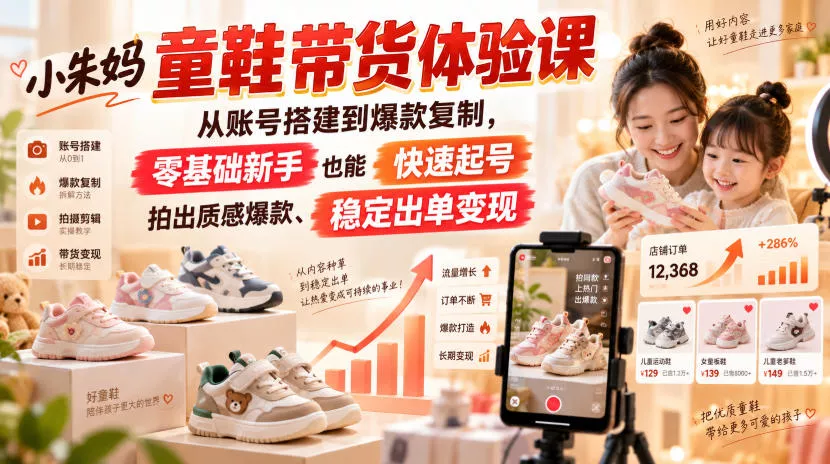 小朱妈童鞋带货体验课,从账号搭建到爆款复制,零基础新手也能快速起号、拍出质感爆款、稳定出单变现 小朱妈童鞋带货体验课,从账号搭建到爆款复制,零基础新手也能快速起号、拍出质感爆款、稳定出单变现