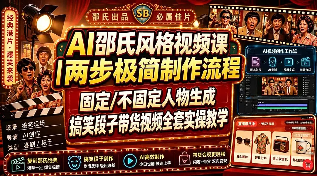 AI邵氏风格视频课｜两步极简制作流程，固定/不固定人物生成，搞笑段子带货视频全套实操教学-泡泡网赚
