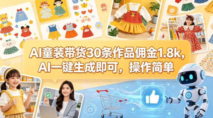 AI童装带货30条作品佣金1.8k，AI一键生成即可，操作简单-泡泡网赚