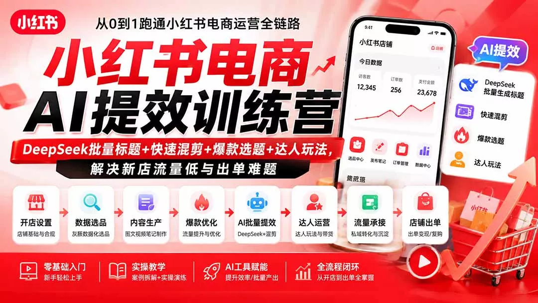 小红书电商AI提效训练营—DeepSeek批量标题+快速混剪+爆款选题+达人玩法，解决新店流量低与出单难题-泡泡网赚