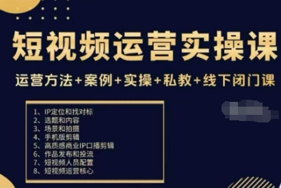 短视频运营实操课，运营方法+案例+实操+私教+线下闭门课-泡泡网赚