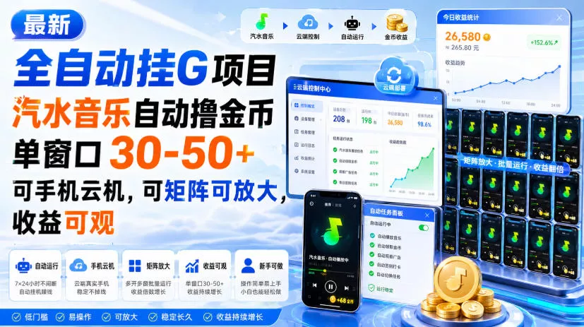 最新全自动挂G项目，汽水音乐自动撸金币单窗口30-50+，可手机云机，可矩阵可放大，收益可观-泡泡网赚