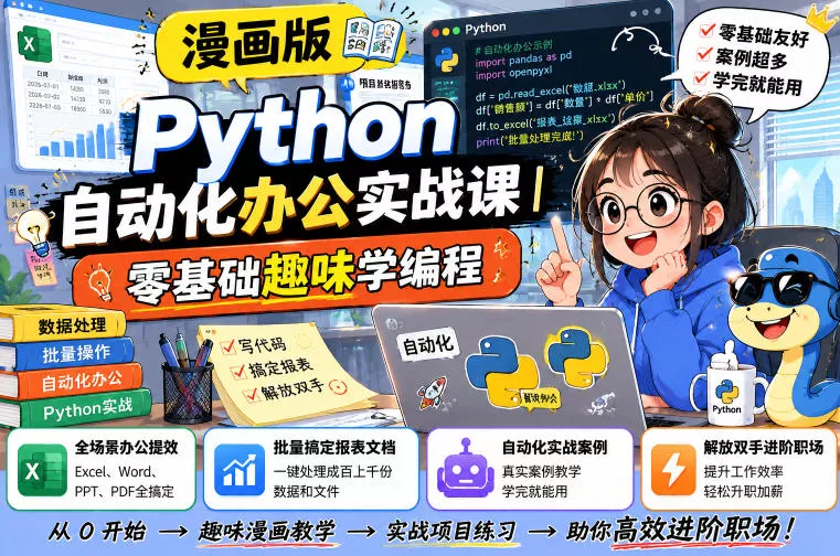 漫画版Python自动化办公实战课｜零基础趣味学编程，全场景办公提效、批量搞定报表文档、解放双手进阶职场-泡泡网赚