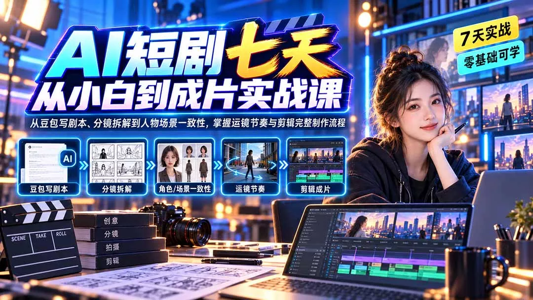 AI短剧七天从小白到成片实战课：从豆包写剧本、分镜拆解到人物场景一致性，掌握运镜节奏与剪辑完整制作流程-泡泡网赚