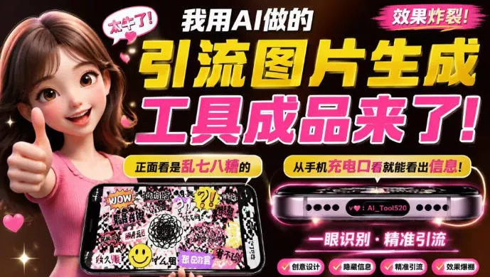 自媒体引流工具来了，把你的微信藏到图片中，正面看是乱七八糟的乱码，手机平躺从充电口看就能看出实际内容