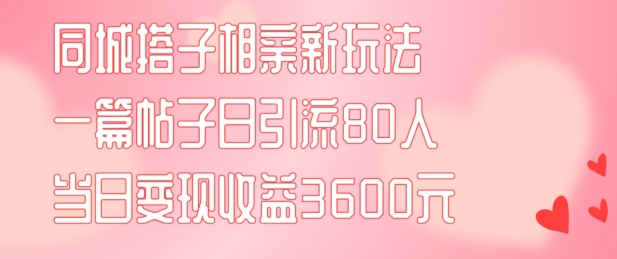 同城搭子相亲新玩法一篇帖子引流80人当日变现3600元(项目教程+实操教程)【揭秘】-泡泡网赚
